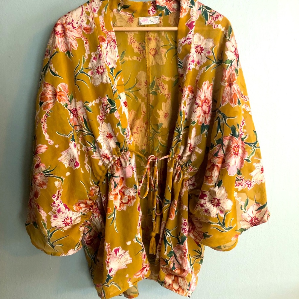 Free People Yellow Floral Kimono Blouse